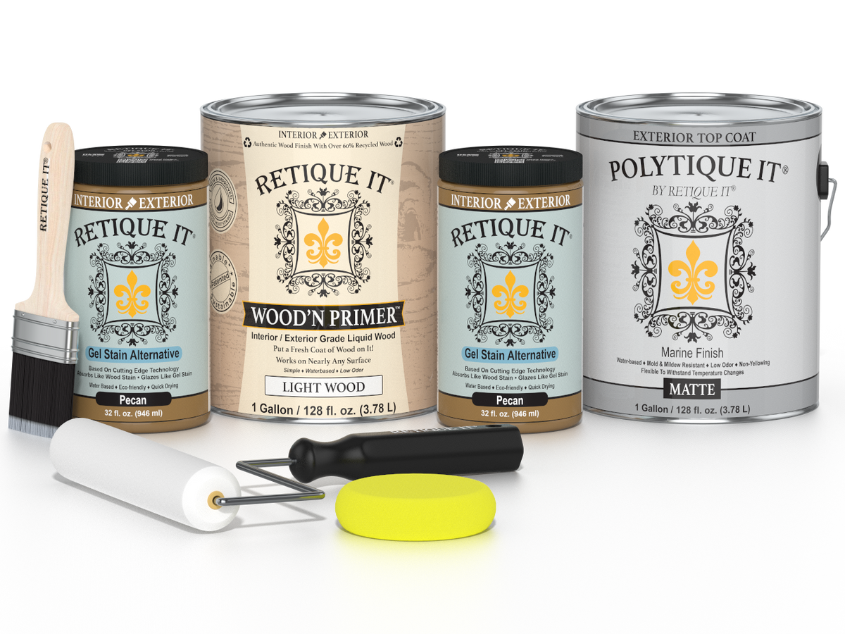Collection of paint cans and tools with 'Retique It' and 'Polytique It' branding on a white background.