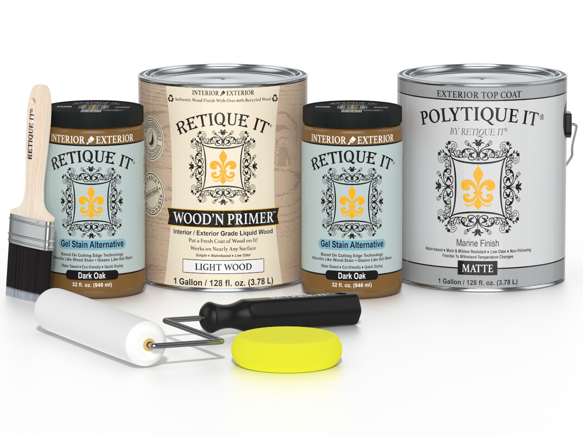 Collection of paint cans and tools with 'Retique It' and 'Polytique It' branding on a white background.