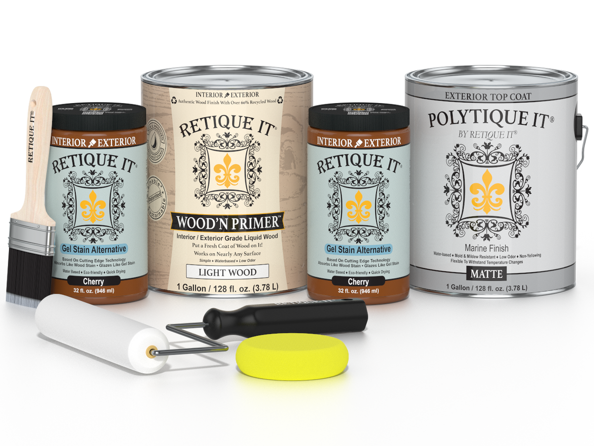 Collection of paint cans and tools with 'Retique It' branding on a white background