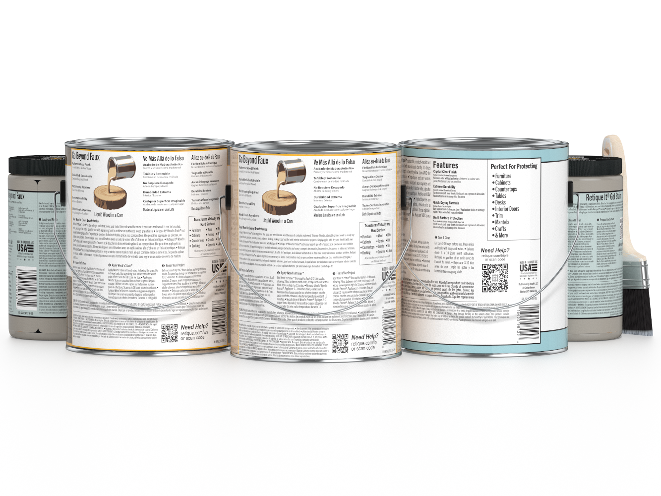 Multiple cans of paint with labels on a white background