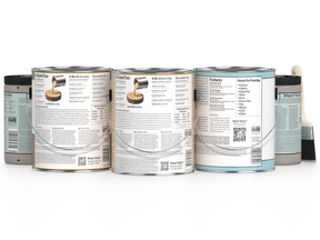 Multiple cans of paint with labels on a white background