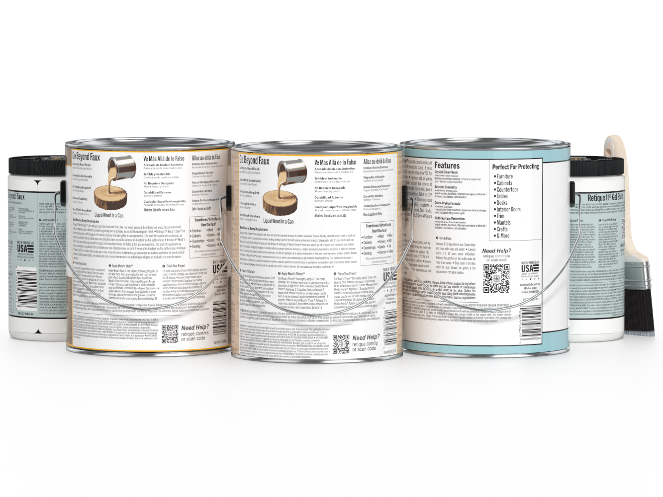 Set of paint cans with labels on a white background