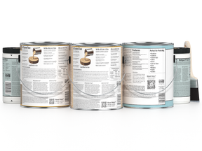 Set of paint cans with labels on a white background