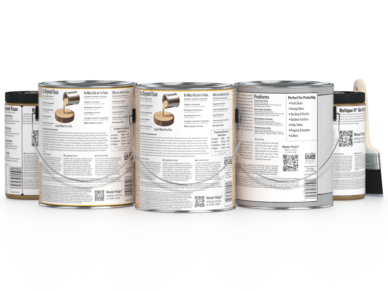 Retique It® Wood'n Finish Kit with 4 large pickled oak exterior top coats, showing brushes and wood surface preparation.