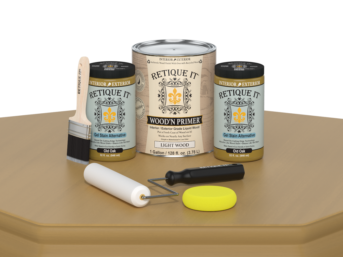 Paint cans and tools on a beige surface with 'Retique It' branding.