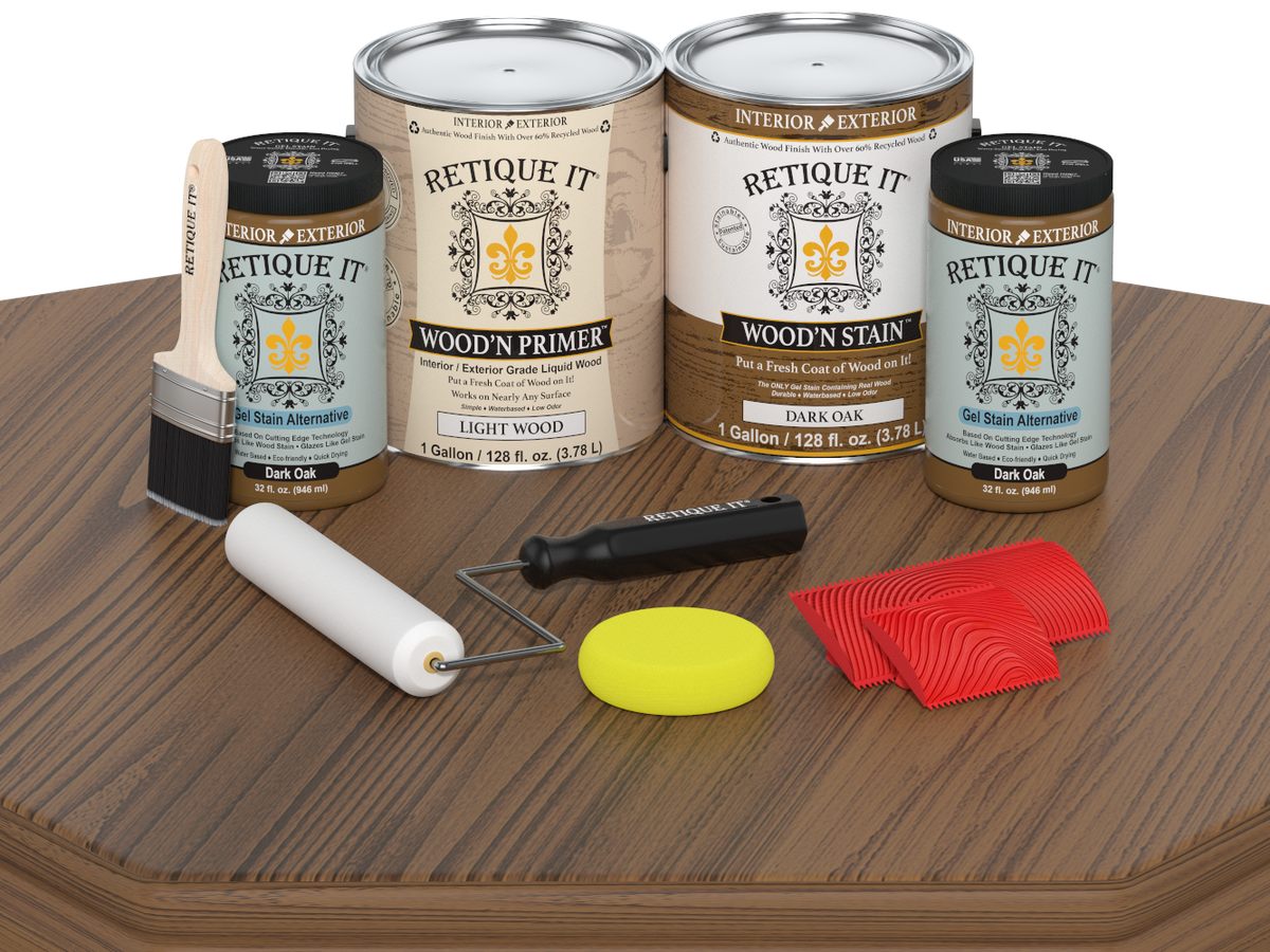 Retique It wood care products including primer, stain, and applicators on a wooden surface.