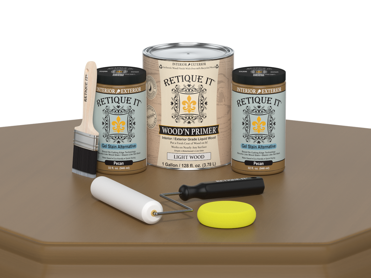 Retique It wood primer set with cans, tools, and packaging on a brown surface.