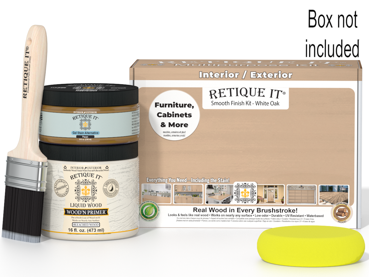 Retique It wood primer kit with a brush and sample on a white background