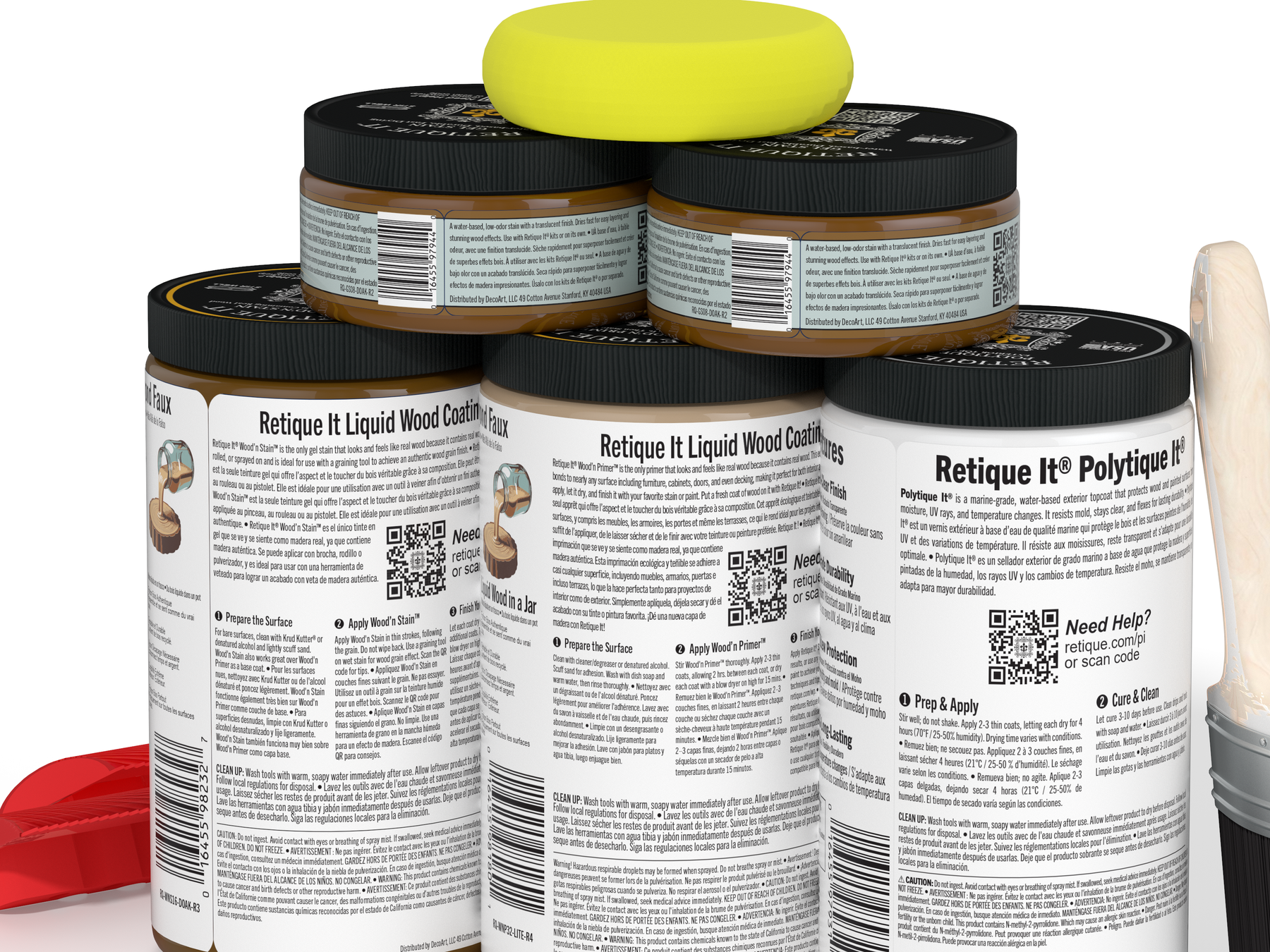 Jars of Retique It! wood conditioning products with a yellow sponge on top.