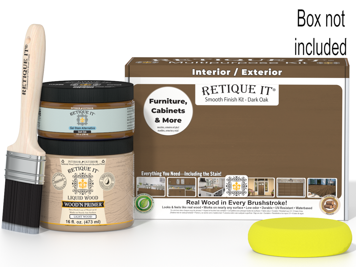 Retique It wood finish kit with a brush and sample on a white background
