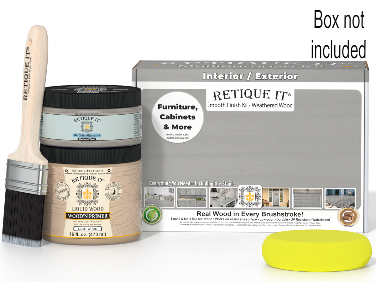 Retique It® Multi-purpose Smooth Finish Kit in Weathered Wood, featuring various application tools and sample finishes for wood furniture.