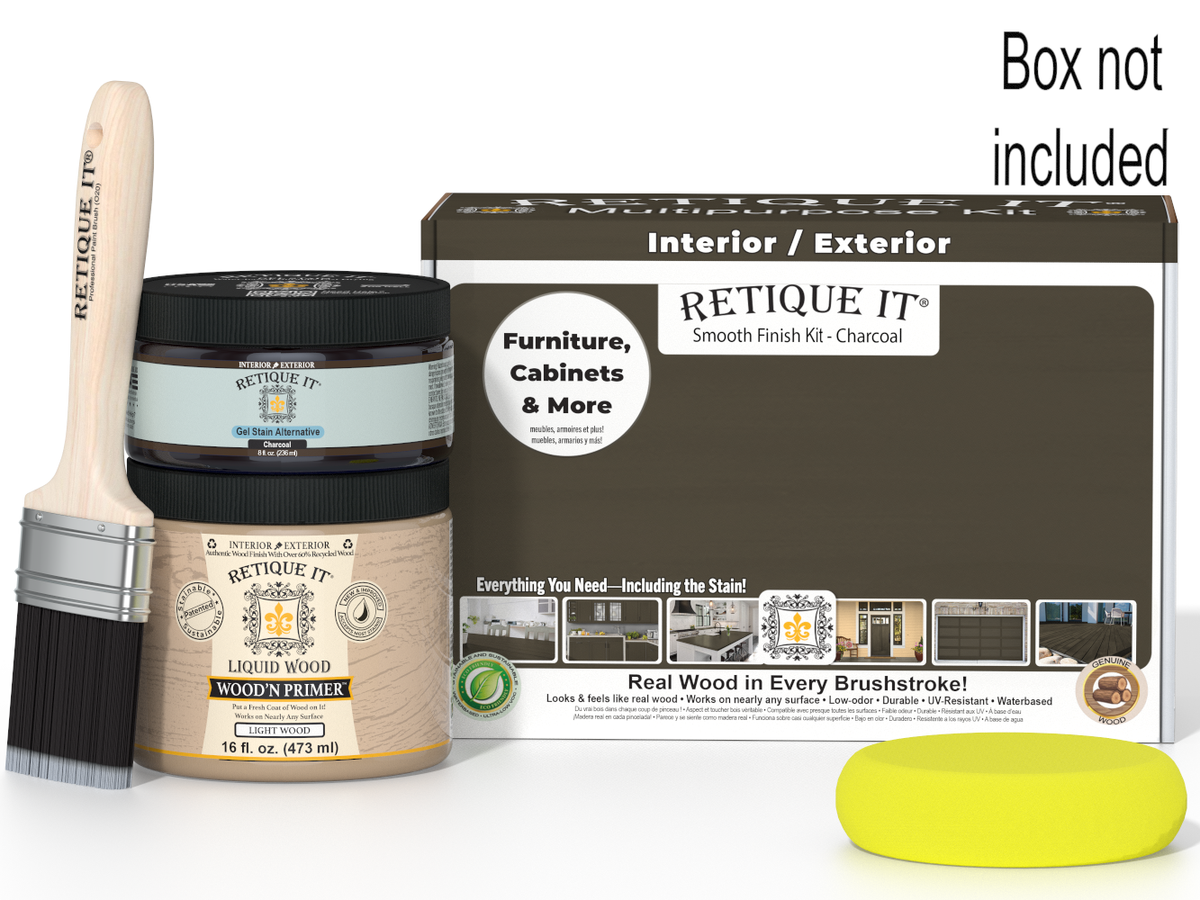 Retique It furniture painting kit with paint, brush, and packaging on a white background