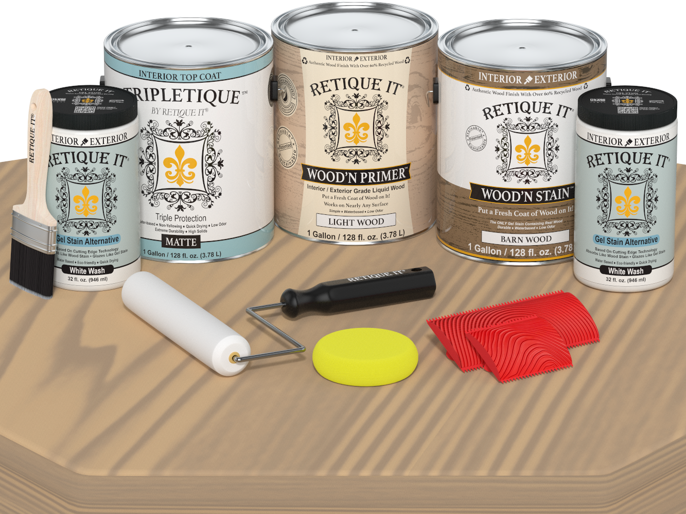 Retique It wood finish products including cans, a brush, roller, and applicators on a wooden surface.