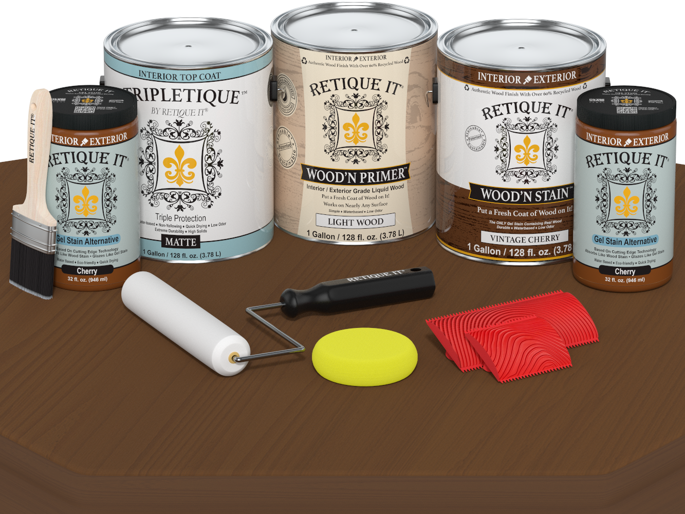 Retique It wood care products including cans, a brush, roller, and applicators on a wooden surface.