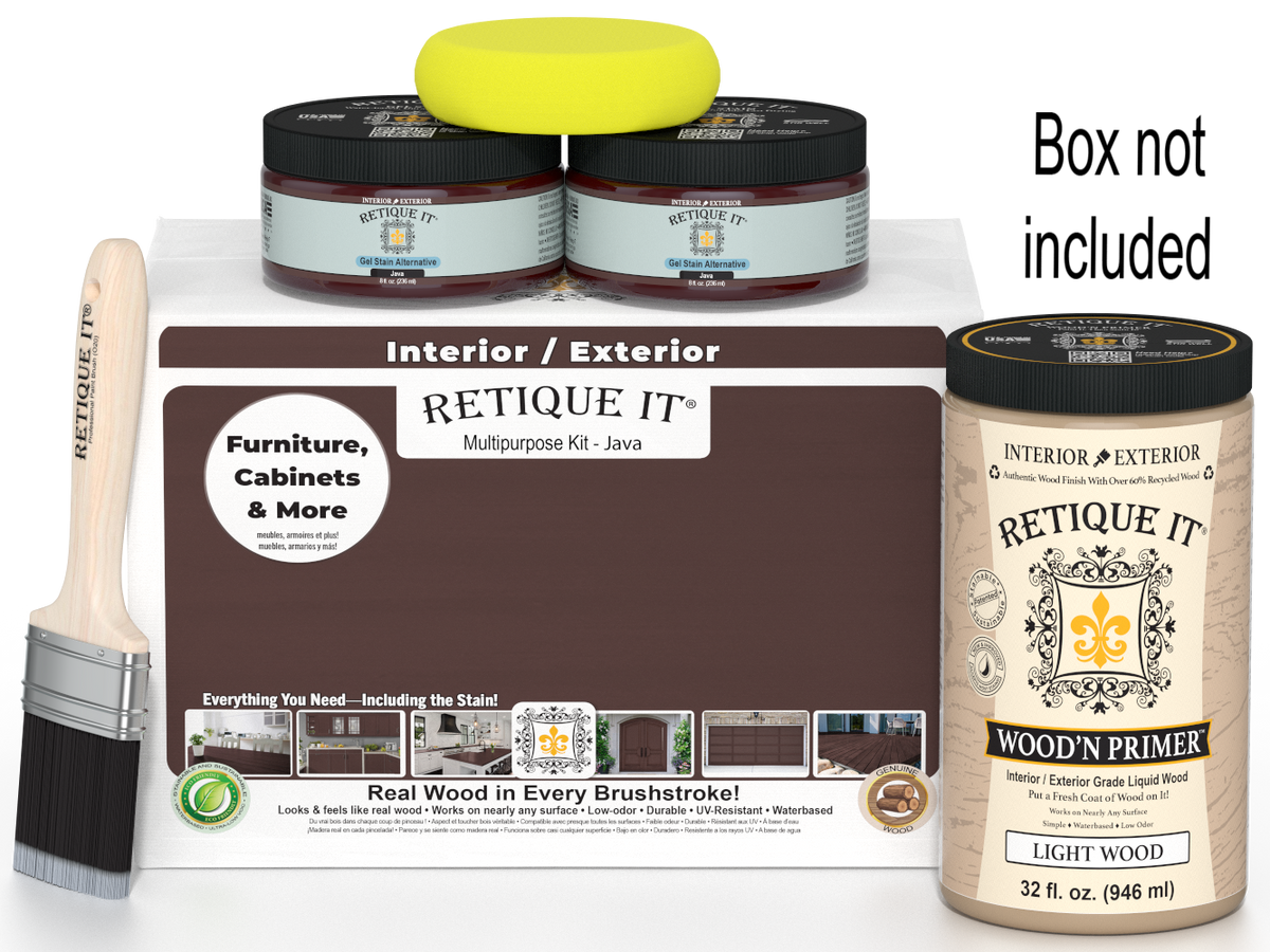 Retique It paint kit with jars, a brush, and packaging on a white background