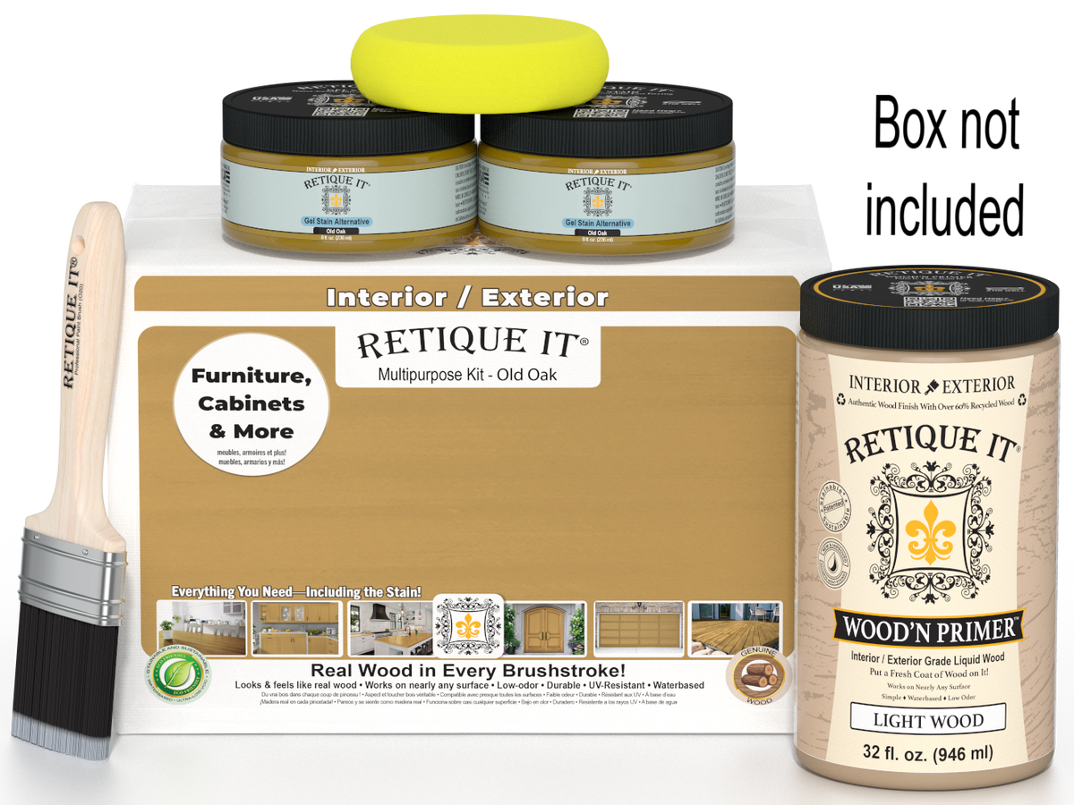 Retique It wood refinishing kit with primer, paint, and applicator on a white background