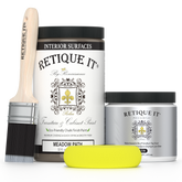 Retique It furniture and cabinet paint in Meadow Path quart, showing a close-up of the paint container and color swatch.