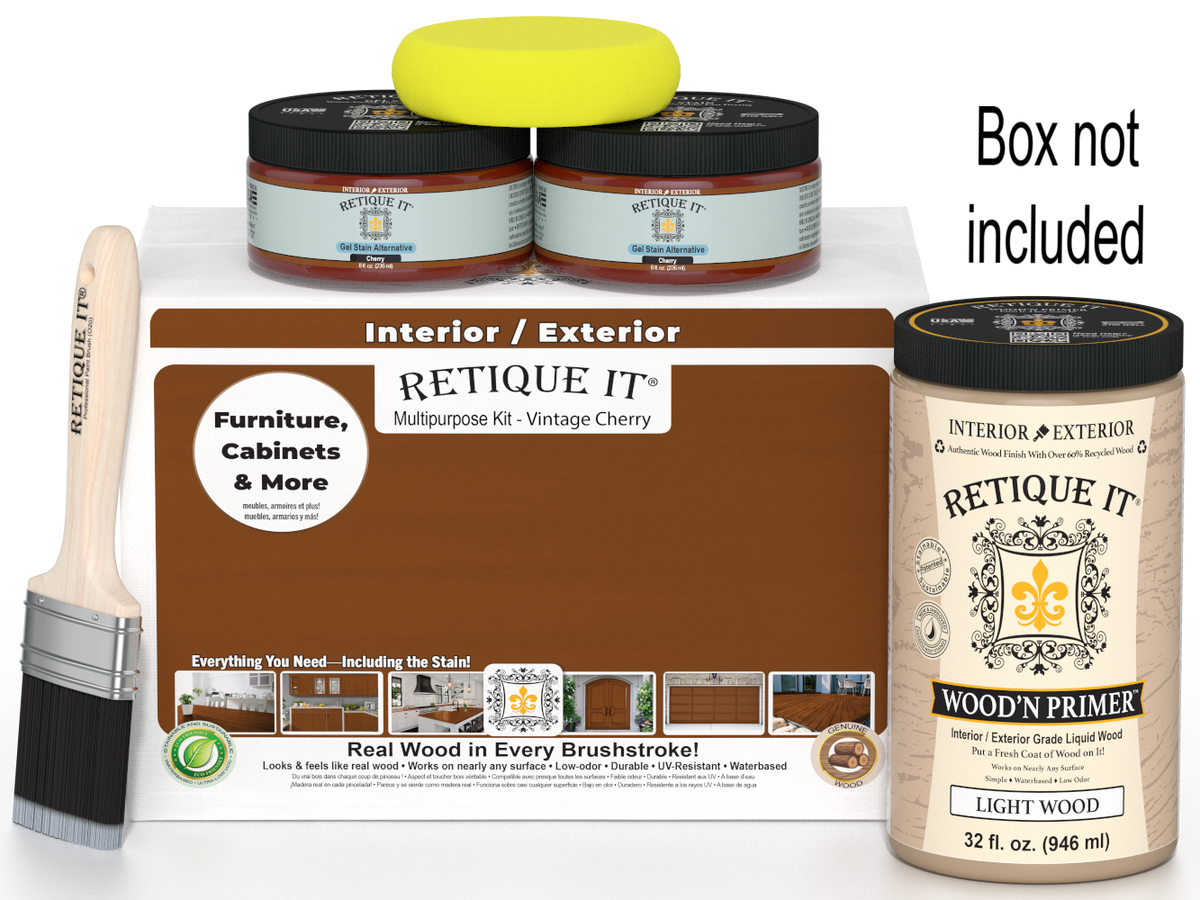 Retique It paint kit with wood primer, jars, and a brush on a white background