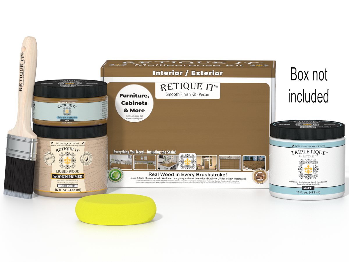Painting kit with paint, brush, and container on a white background