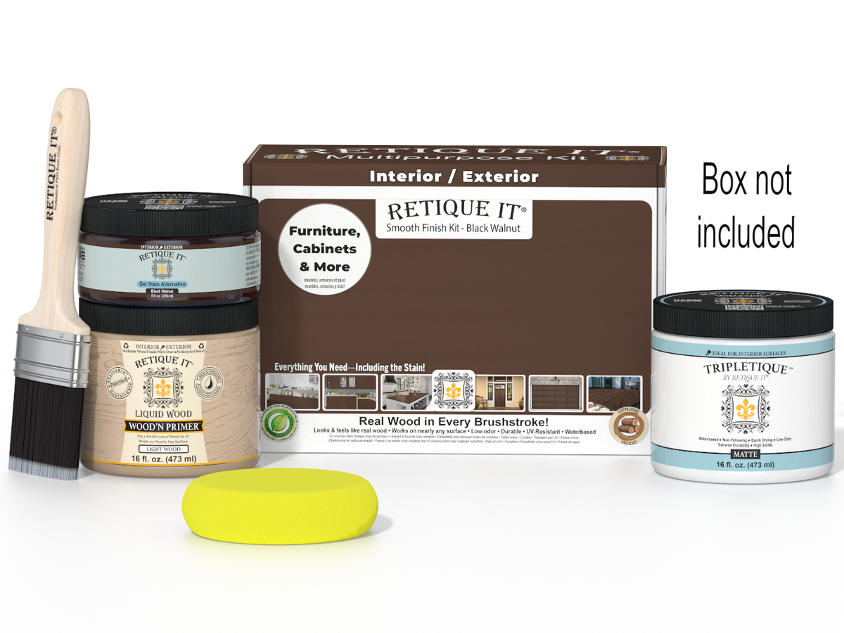 Painting kit with paint, brush, and container on a white background
