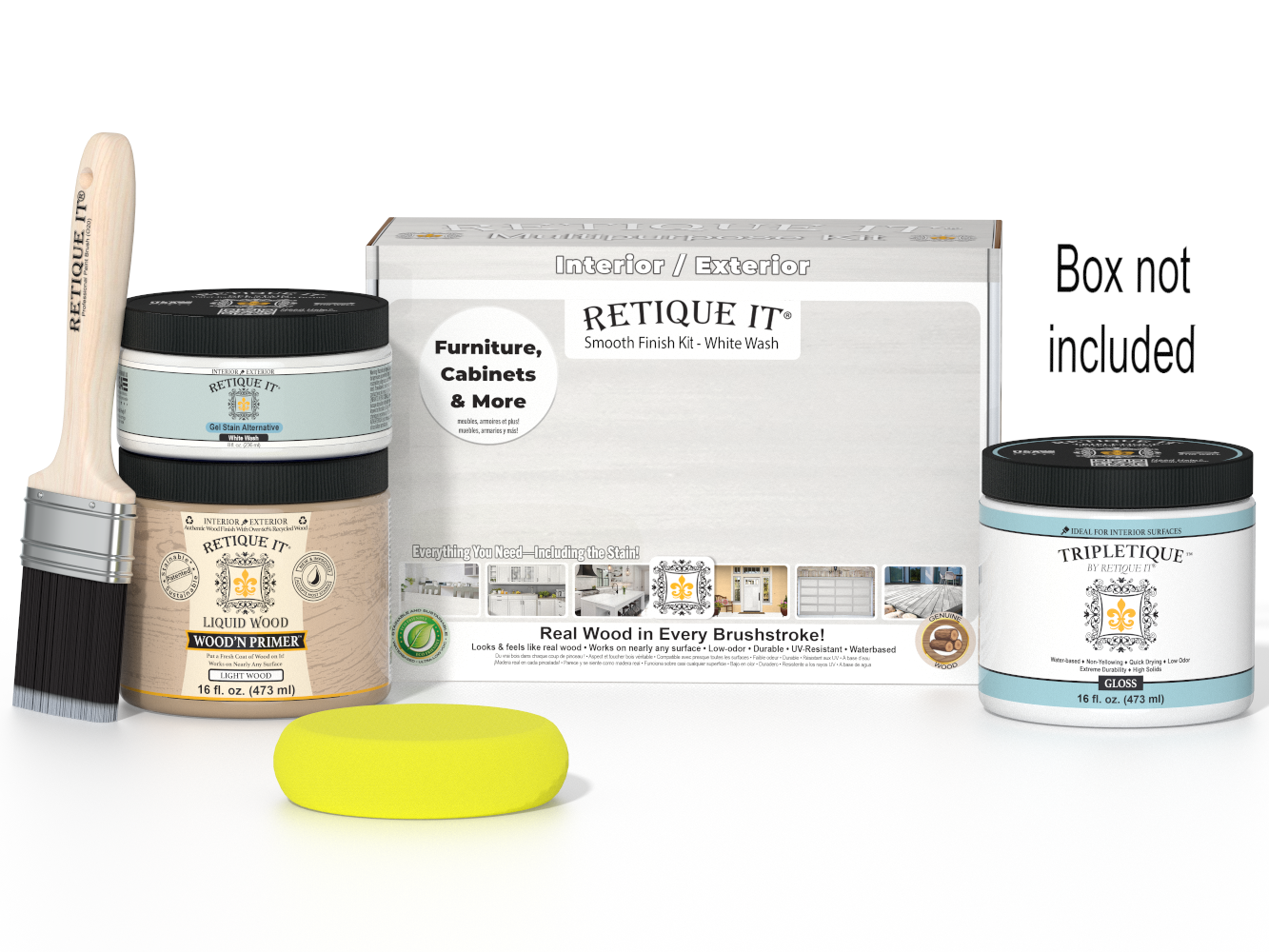 Painting kit with paint, brush, and container on a white background