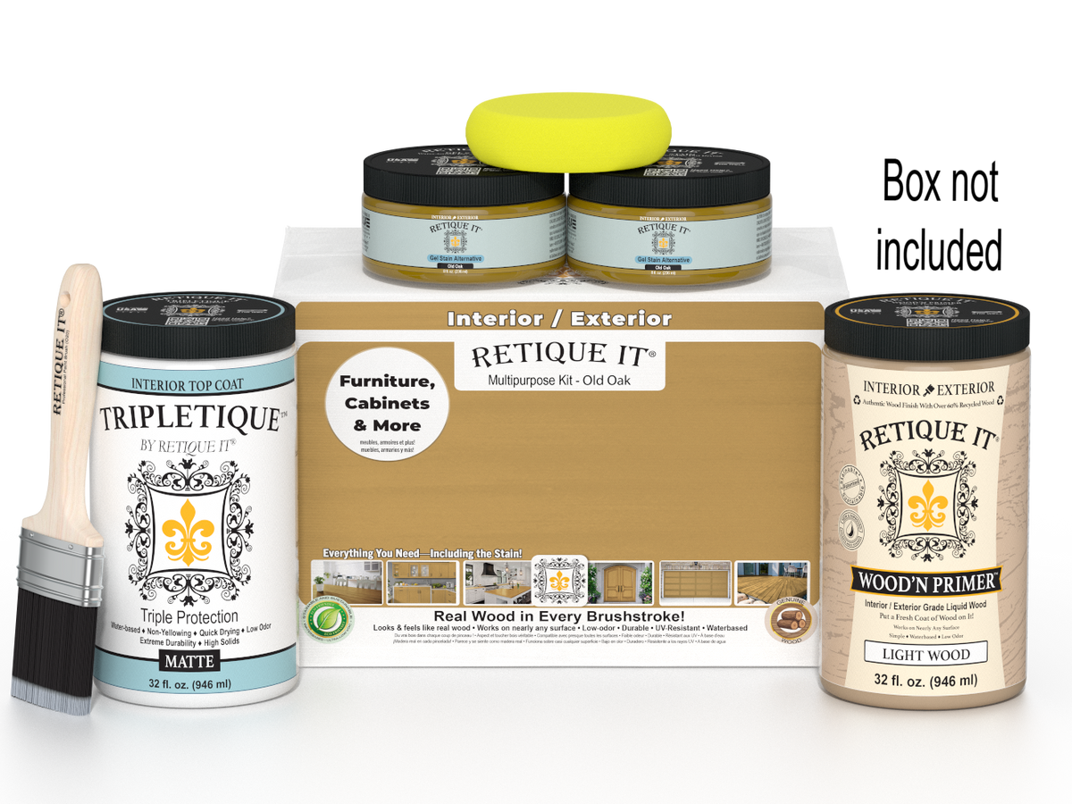 Retique It® wood finish kit with large smooth finish top coat in Old Oak for interior wood furniture and surfaces.