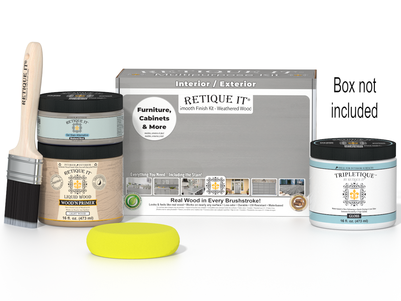 Retique It® Multi-purpose Smooth Finish Kit in Weathered Wood for interior wood projects, includes top coat and finishing supplies.