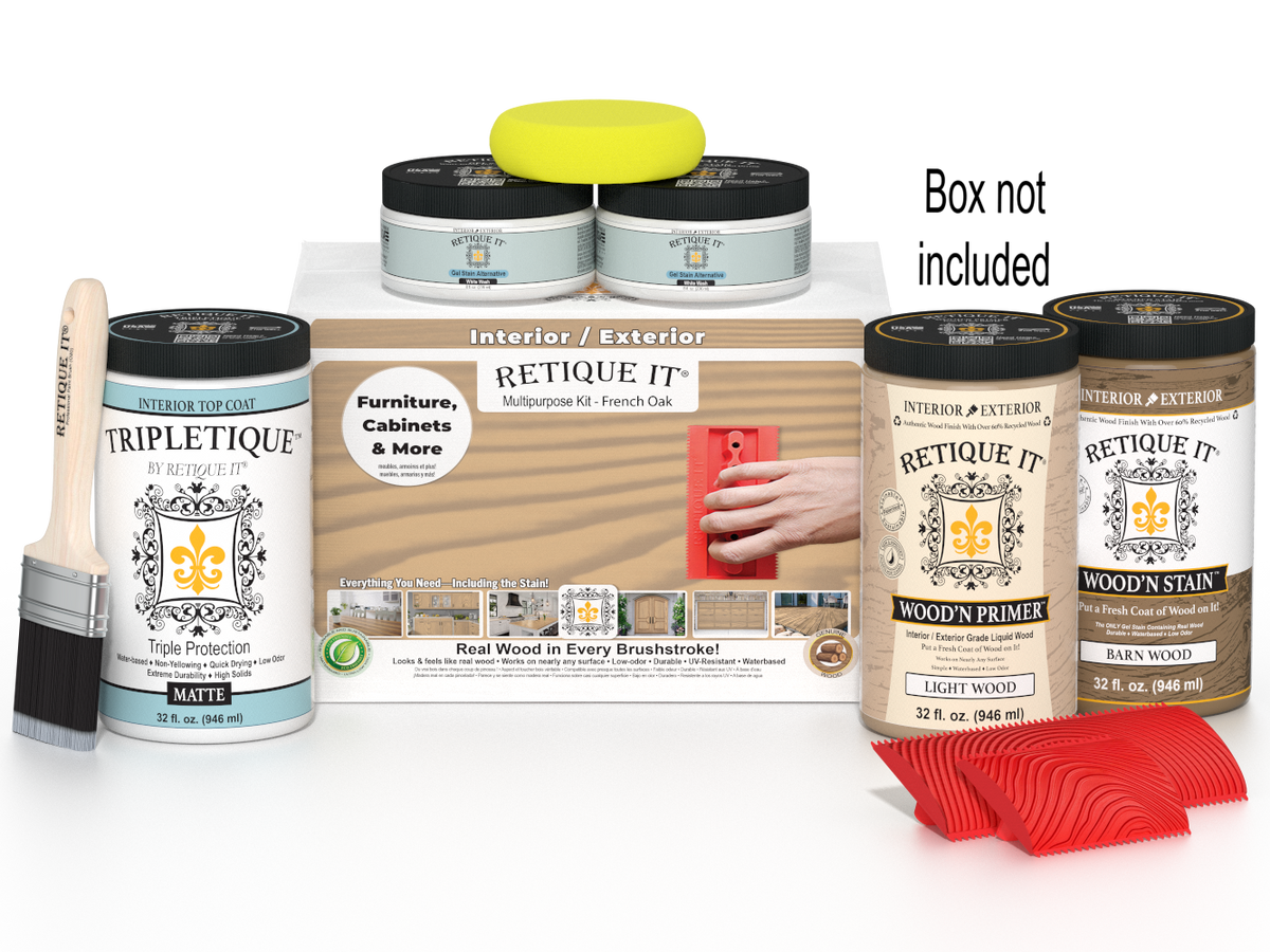 Retique It wood care products including paint cans, a brush, and a sanding block on a white background.