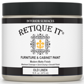Retique It furniture and cabinet paint in Old Linen quart, showcasing smooth, neutral-colored paint suitable for furniture refinishing.