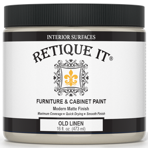 Jar of Retique It furniture and cabinet paint with black lid and label.