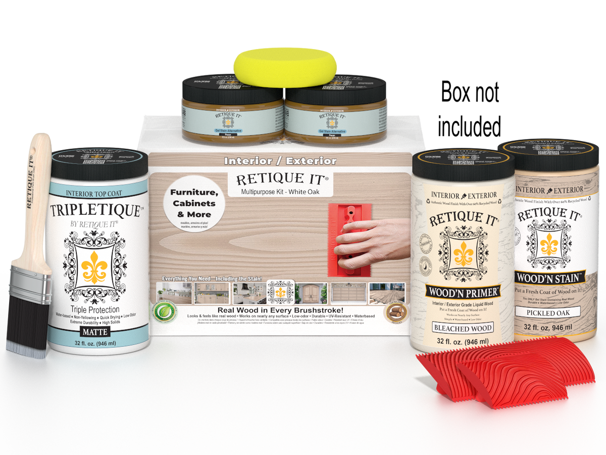 Retique It wood care products including paint, primer, and stain on a white background