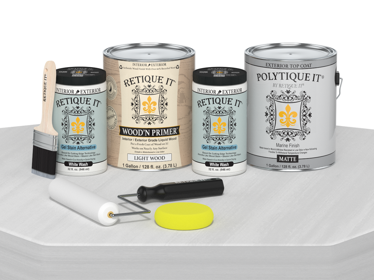 Paint cans and tools on a white surface with 'Retique It' branding.