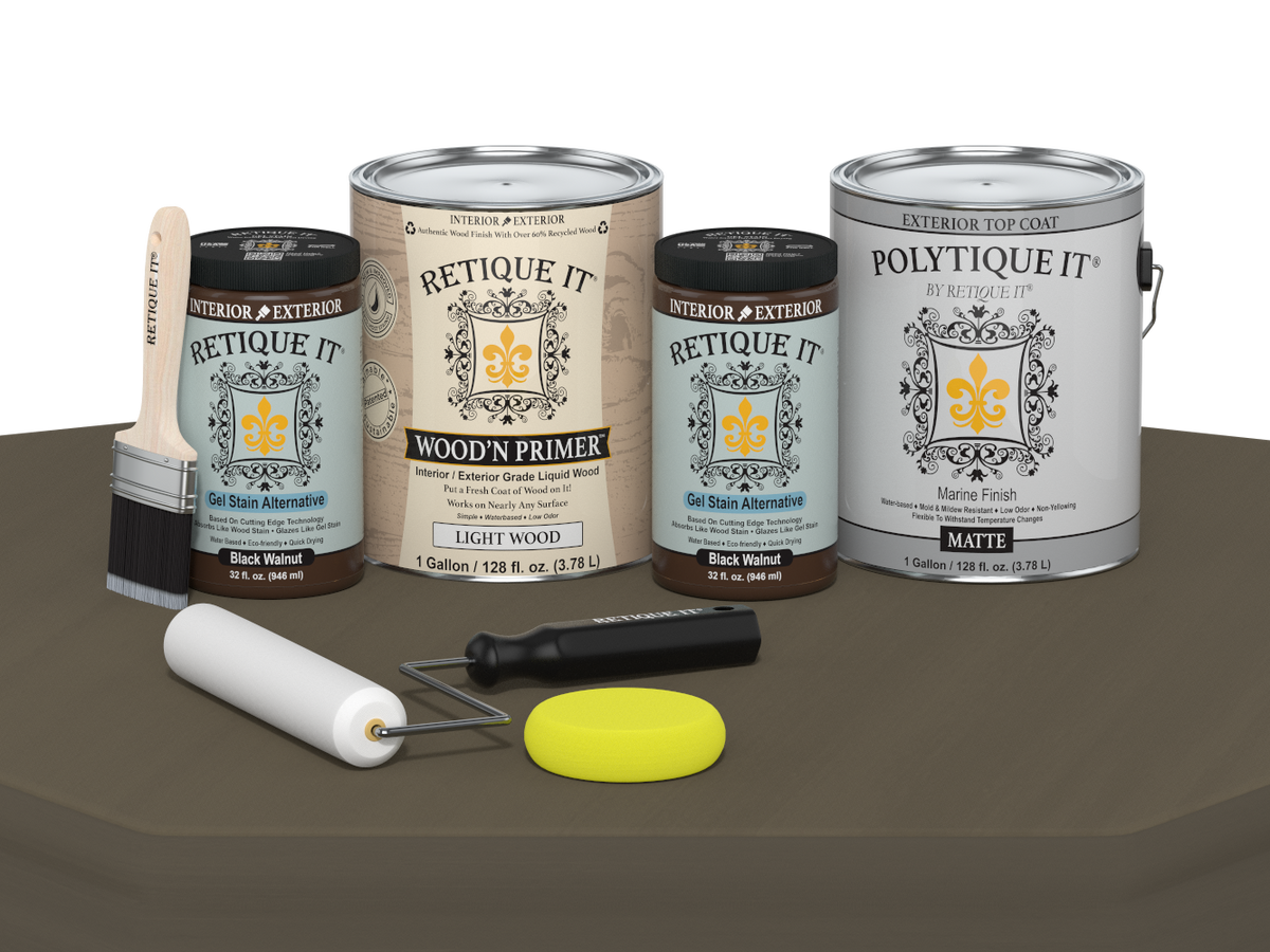 Collection of paint cans and painting tools on a brown surface