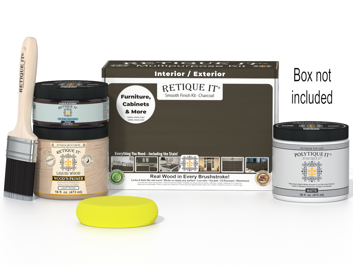 Painting supplies including a paintbrush, paint containers, and a box labeled 'Retique It' on a white background.