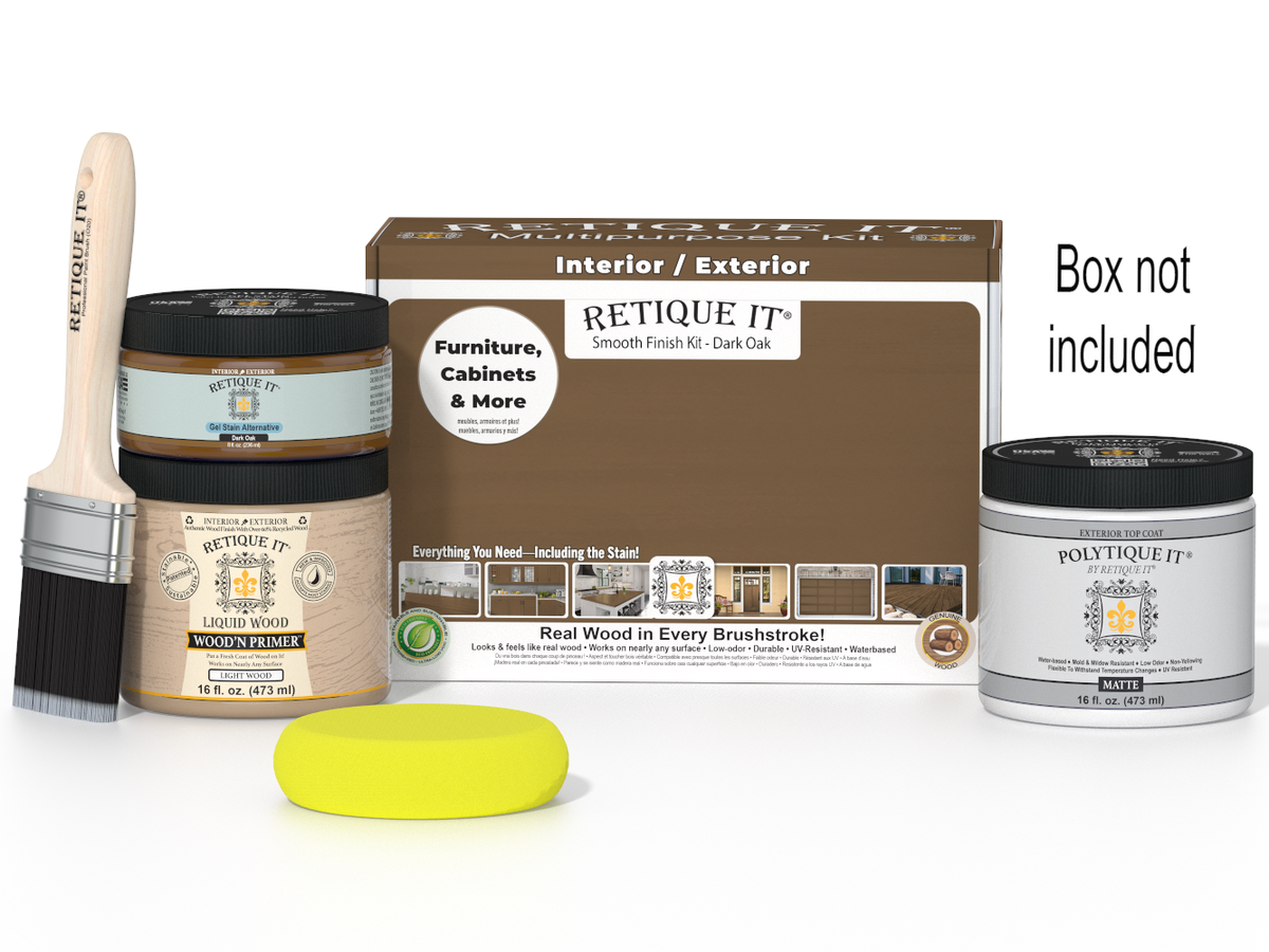 Wood finish kit with paint, brush, and packaging on a white background