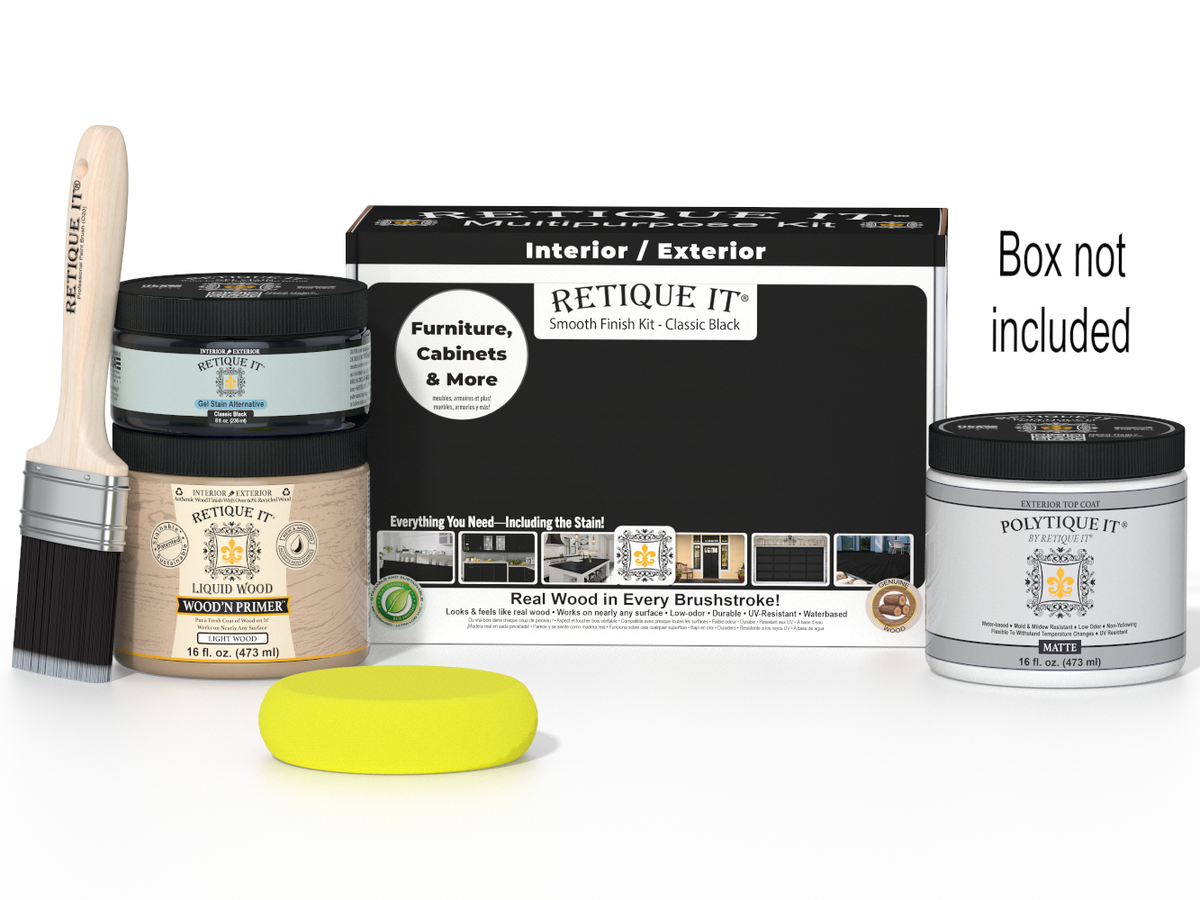 Furniture paint kit with a brush, containers, and packaging on a white background