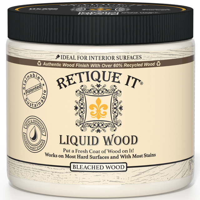 Retique It Liquid Wood 16oz bleached interior paint, showing a close-up of the product container and label.