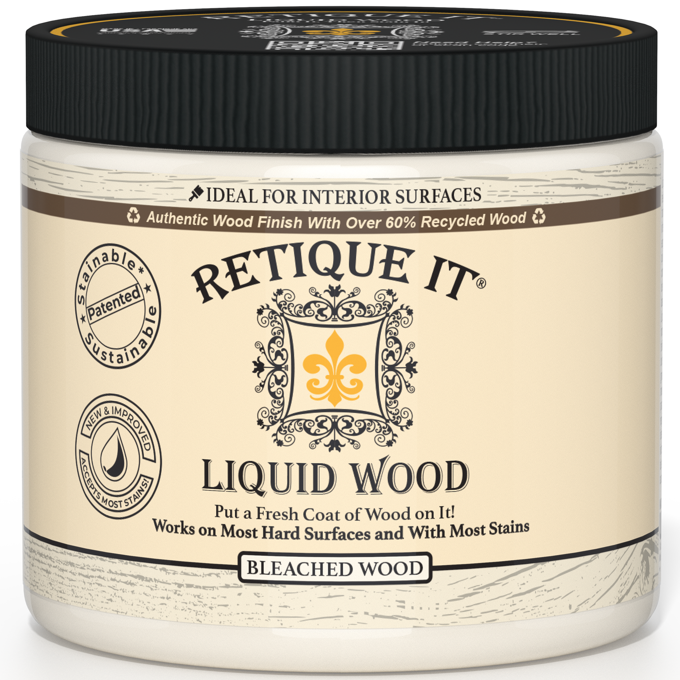Retique It® Liquid Wood paint in 16oz bleached interior finish, showcasing the smooth, wood-like painted surface.