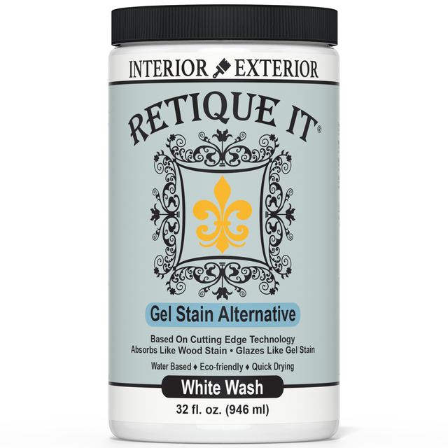 Retique It White Wash Gel Stain Alternative in 32 oz bottle, showcasing a smooth, creamy stain for wood finishing projects