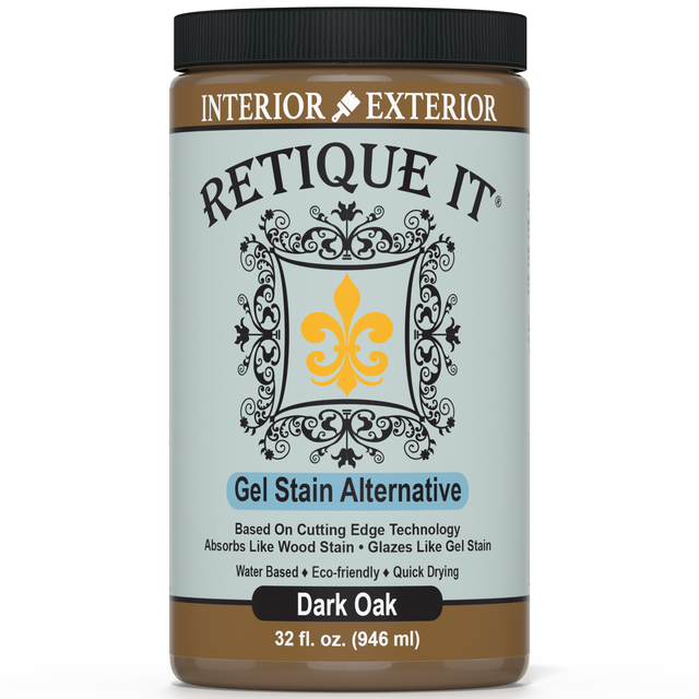 Retique It Gel Stain Alternative in Dark Oak, 32 oz, showing a smooth, dark wood stain application in a natural finish.