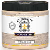Retique It® Wood'n Stain Pickled Oak bottle and wood stain swatch showcasing the light, natural oak color and stain texture.