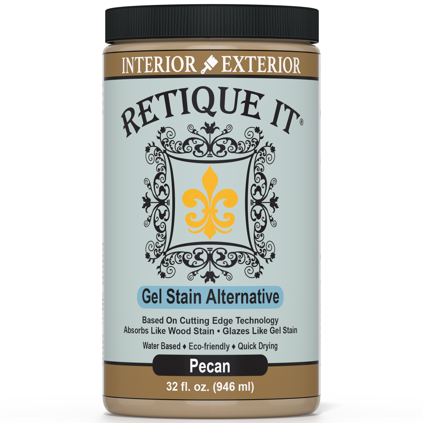 Retique It® Gel Stain Alternative in Pecan, 32 oz, showcasing smooth application and rich wood tone for furniture or cabinets.