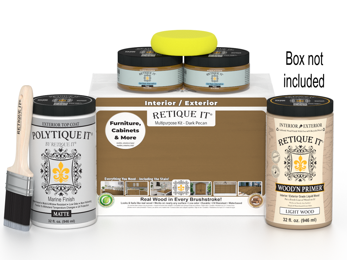 Retique It paint kit with paint cans, a brush, and packaging on a white background