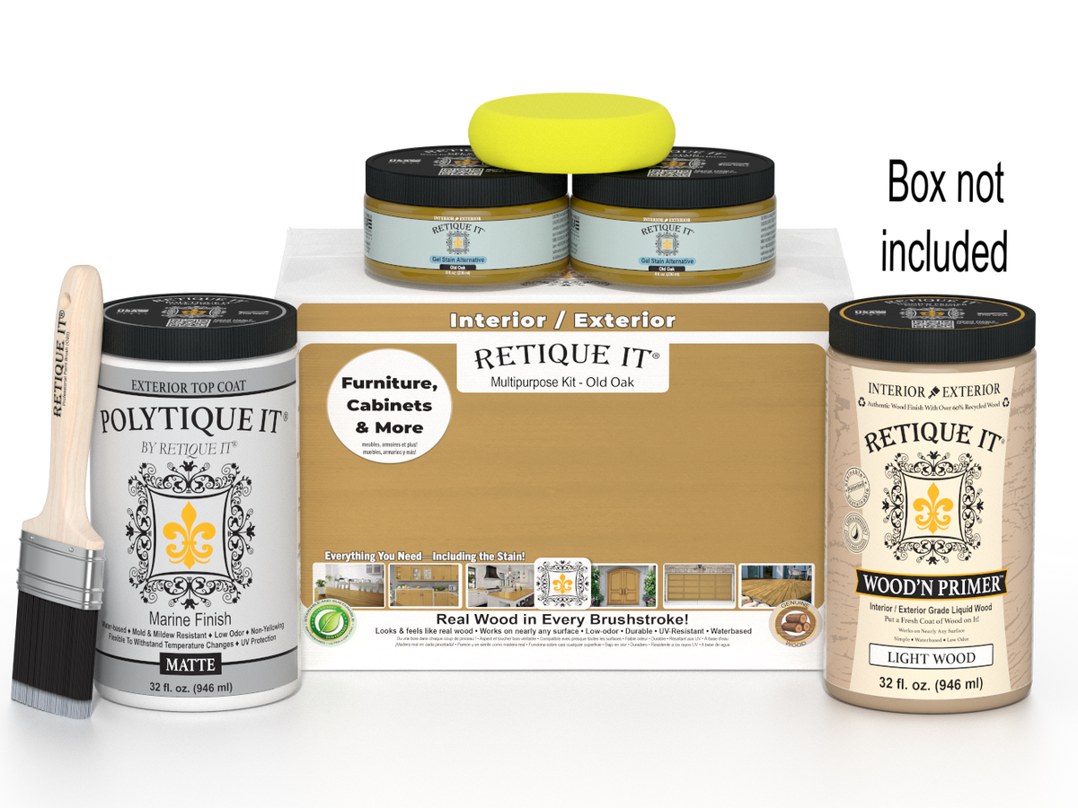 Painting supplies including jars, a brush, and a box labeled 'Retique It' on a white background.