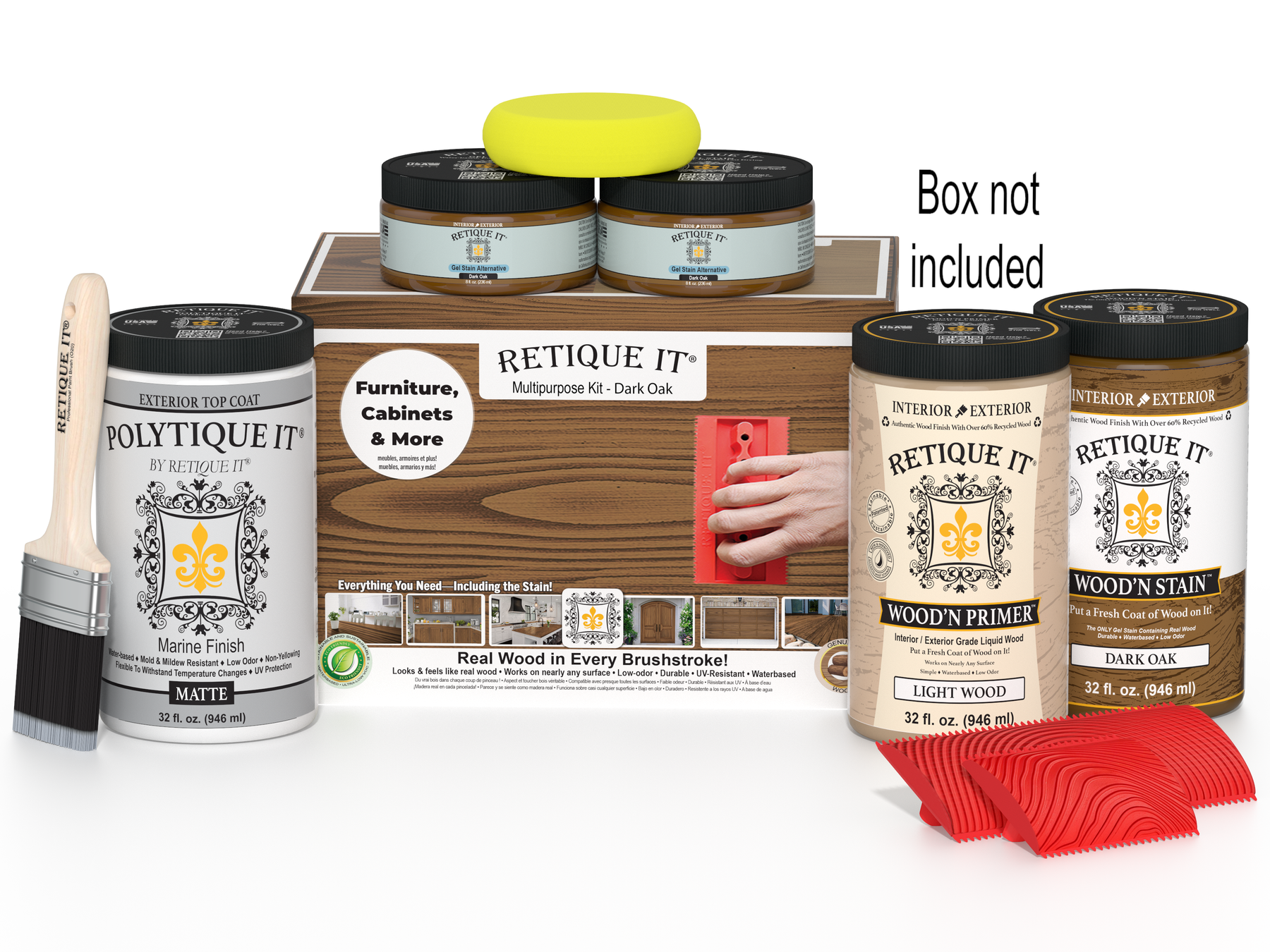 Wooden finish kit with paint cans, a brush, and sponges on a white background