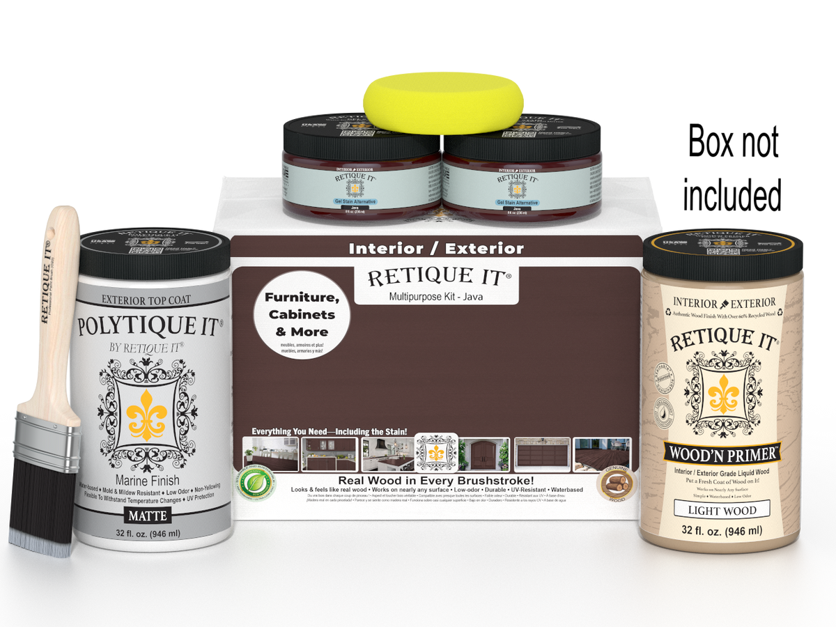Retique It paint kit with jars, a brush, and packaging on a white background