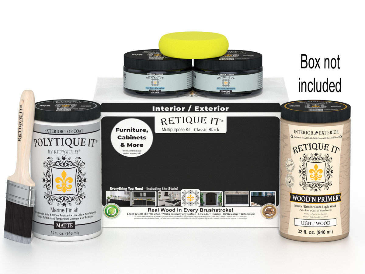 Painting kit with paint cans, a brush, and a box labeled 'Retique It' on a white background.