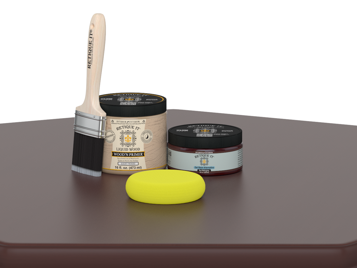 Wood primer and paintbrush on a brown surface with a white background