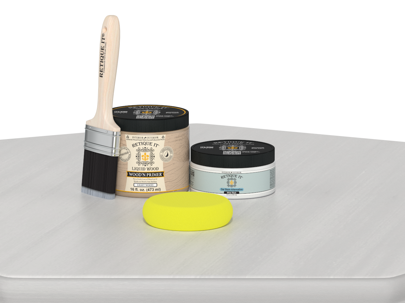 Wooden primer and a brush on a white surface