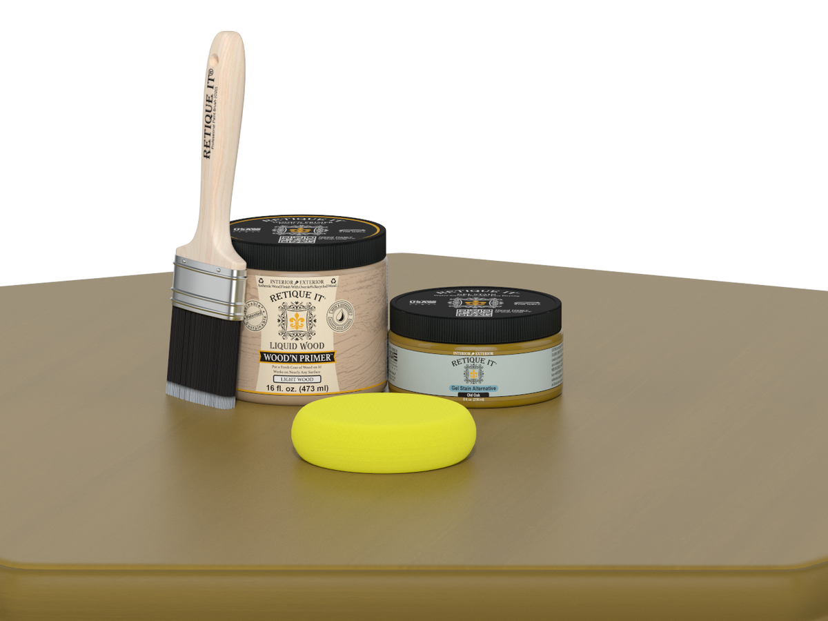 Wood primer and brush set on a beige surface with a white background